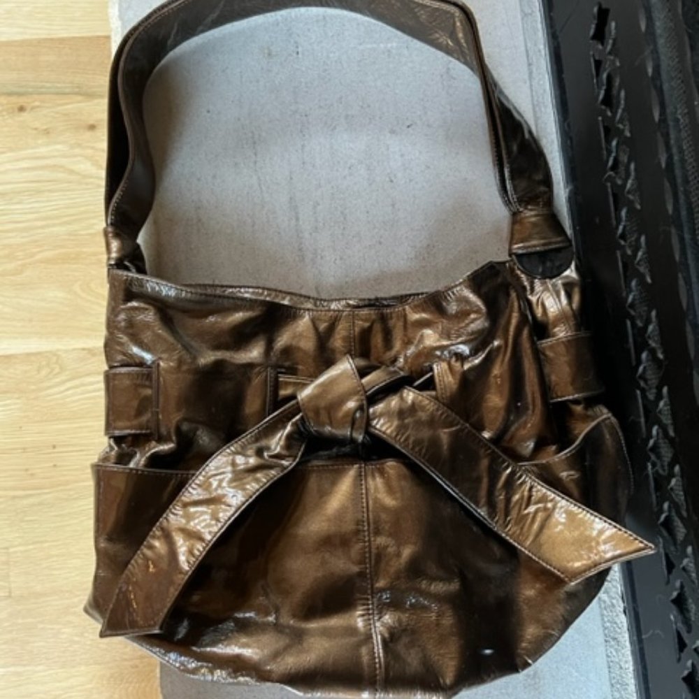 Kooba Elisha Metallic Bronze "Bow" Patent Leather Shoulder Purse/Bag/Tote